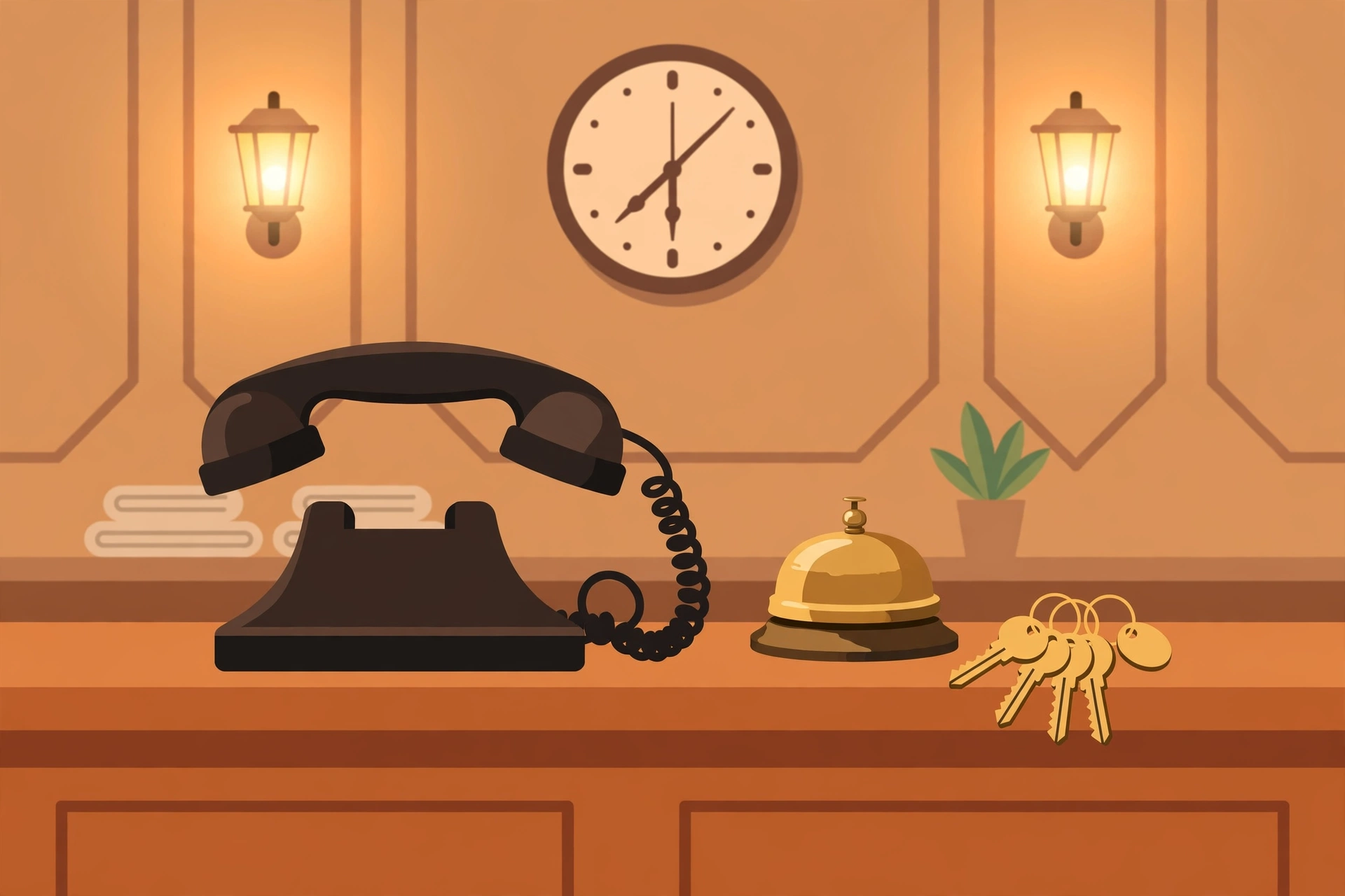 Vintage phone and hotel desk bell symbolizing how to find cheap last-minute hotels by calling the hotel directly