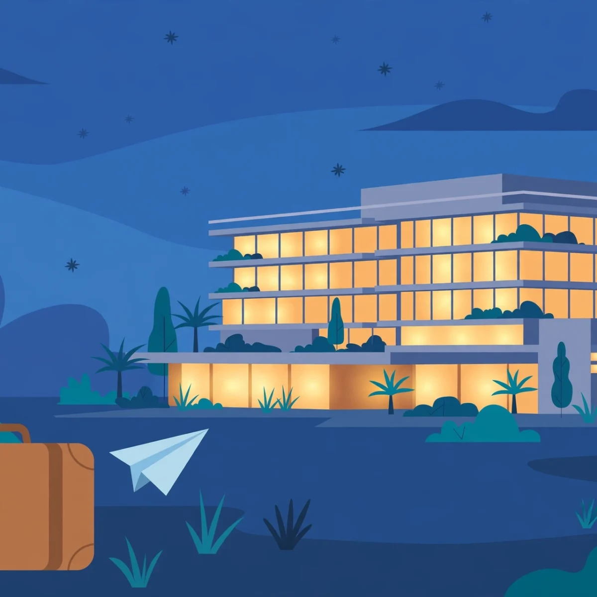 Illustration of a hotel at dusk showing how to find cheap last-minute hotels with a suitcase and plane symbol