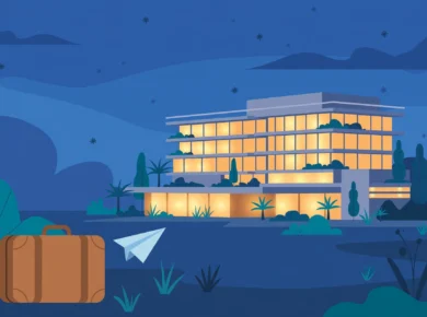 Illustration of a hotel at dusk showing how to find cheap last-minute hotels with a suitcase and plane symbol