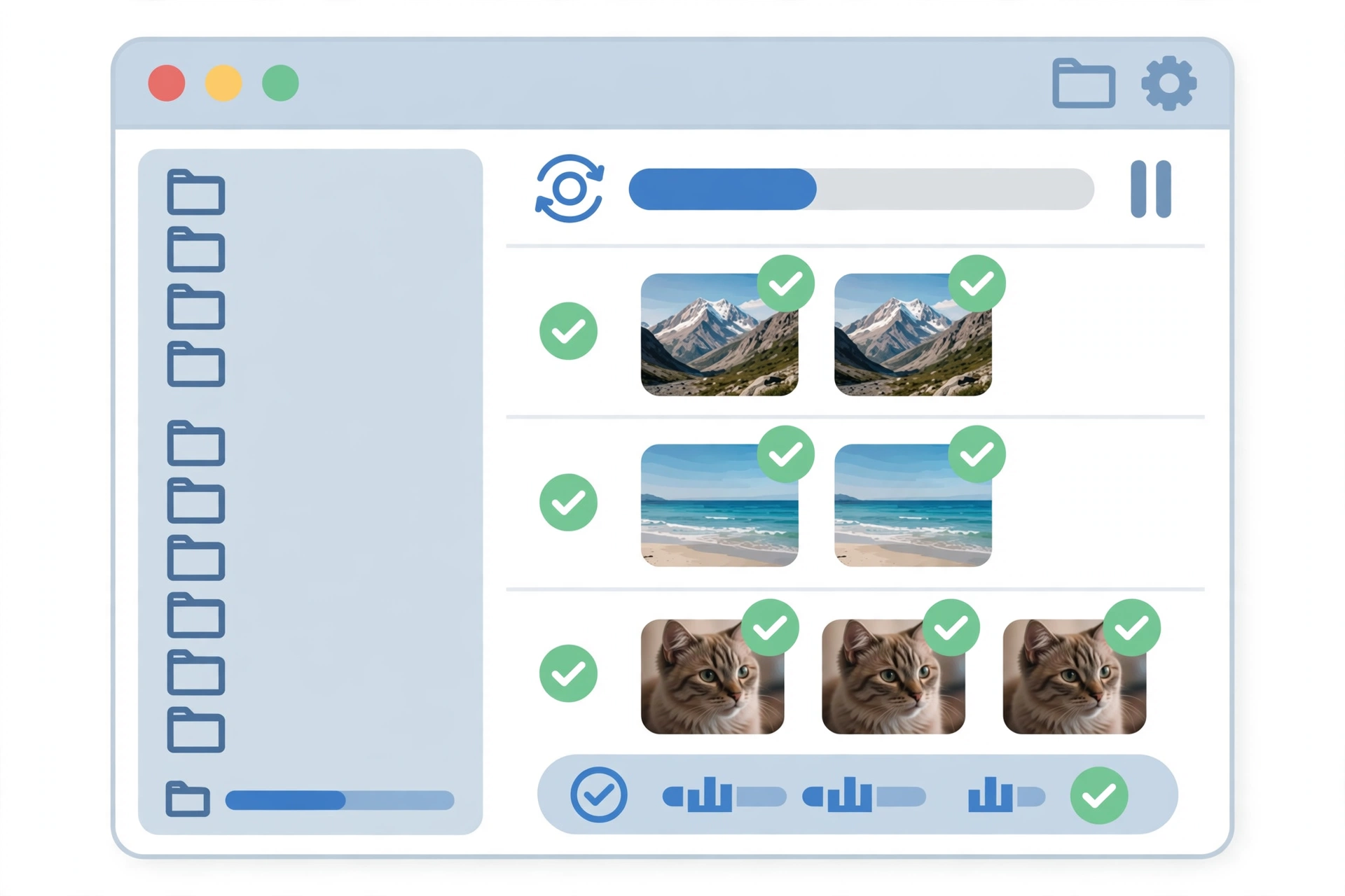 Duplicate image finder software scanning folders and grouping duplicate PNG images with preview thumbnails