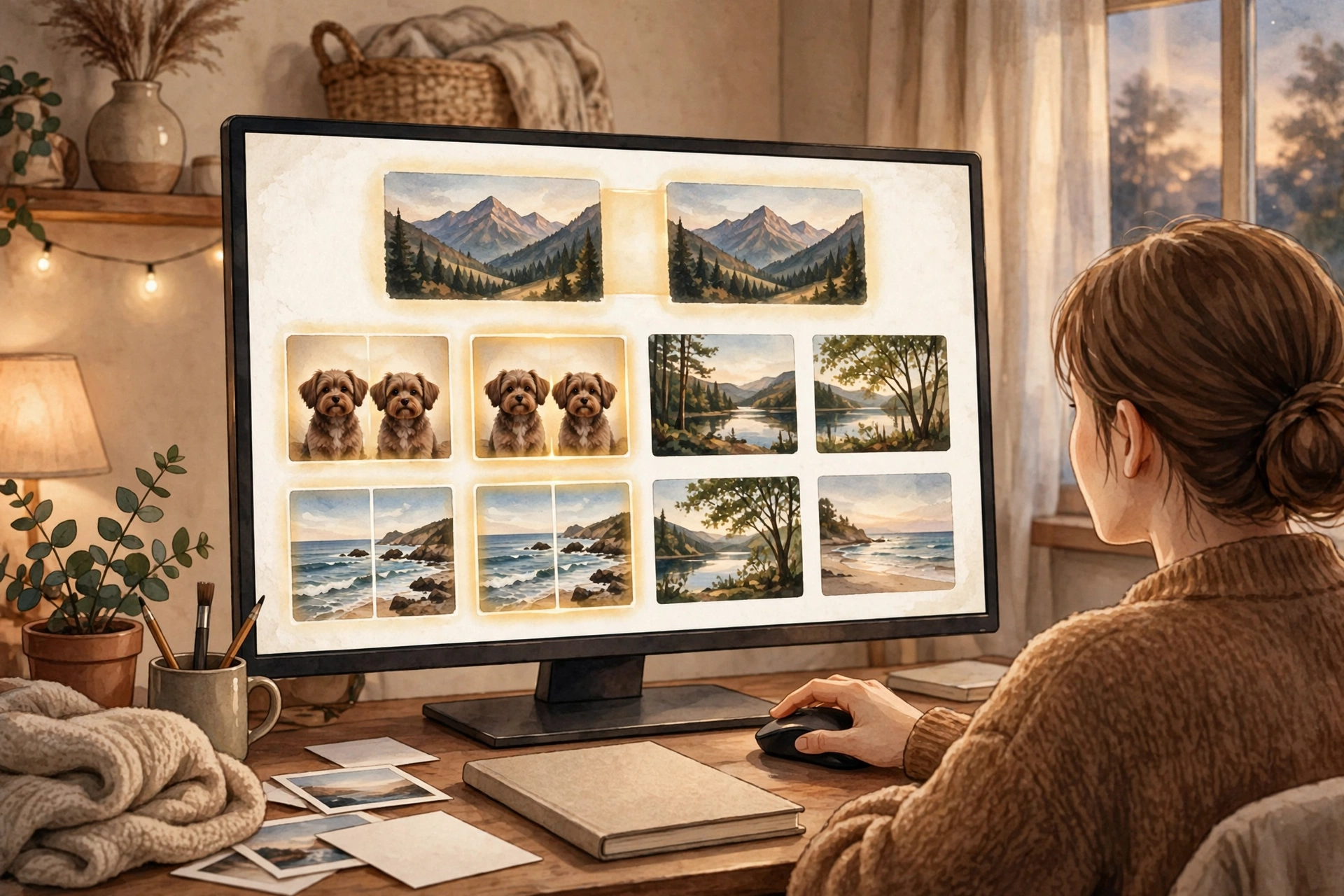 Person reviewing duplicate photo groups on a computer screen before safely deleting extra PNG copies