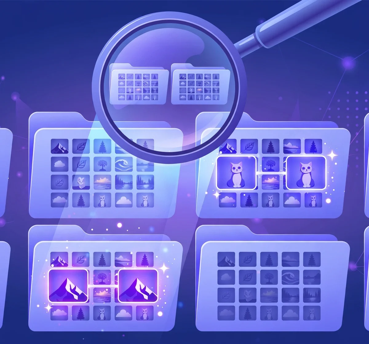 Magnifying glass over folders of PNG images finding duplicate files on a Windows computer