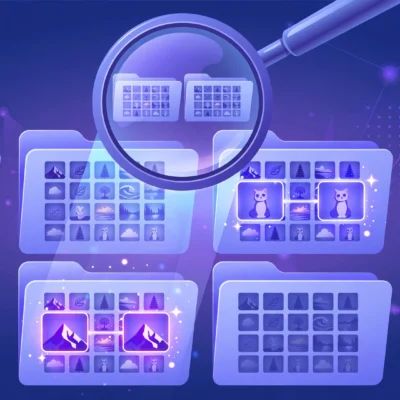 Magnifying glass over folders of PNG images finding duplicate files on a Windows computer