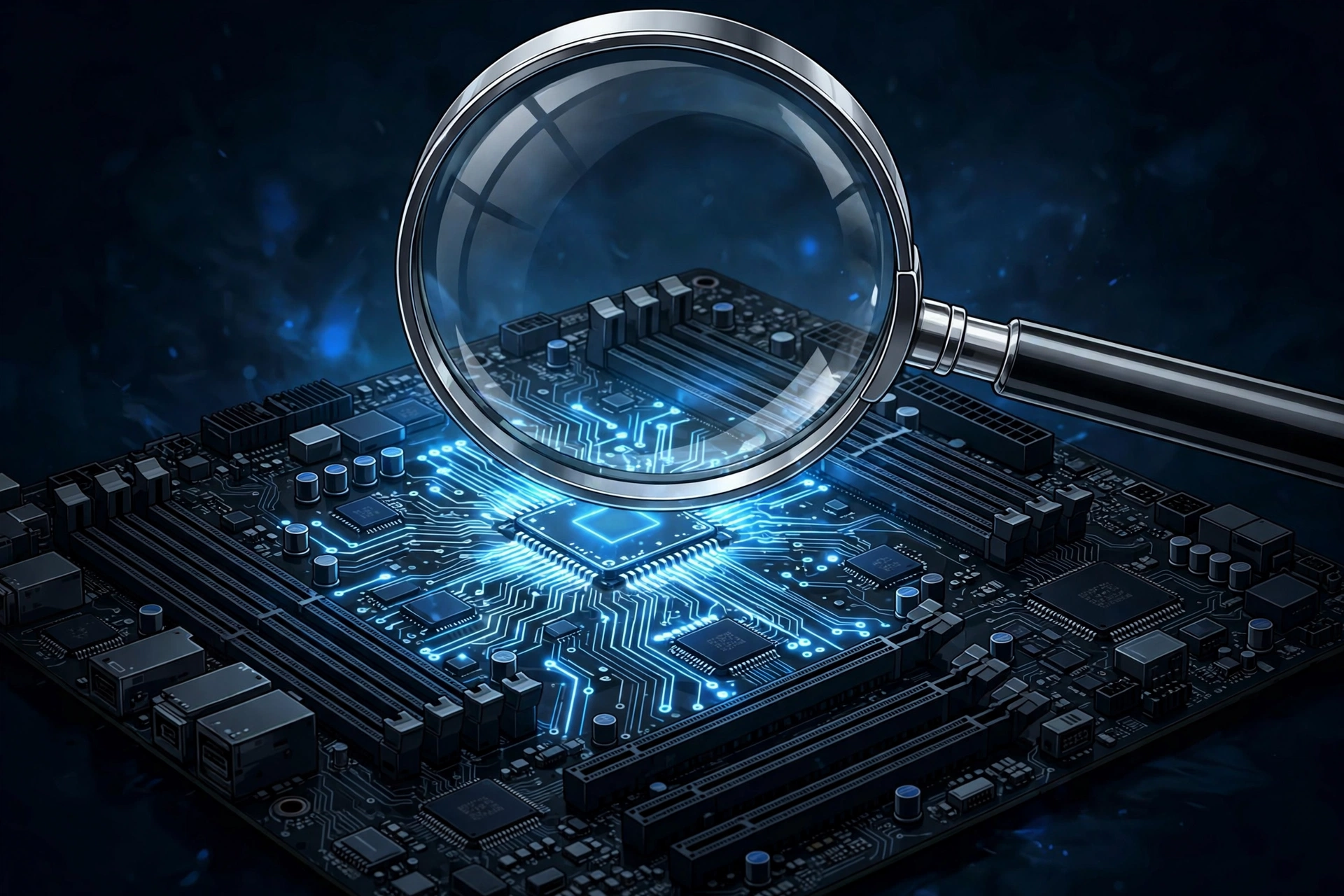 Magnifying glass over a motherboard circuit board, symbolizing how to check motherboard model in Windows 11