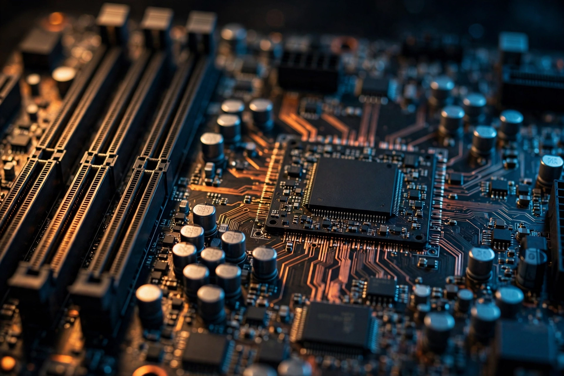 Close-up of motherboard chipset and memory slots when finding motherboard model in Windows 11