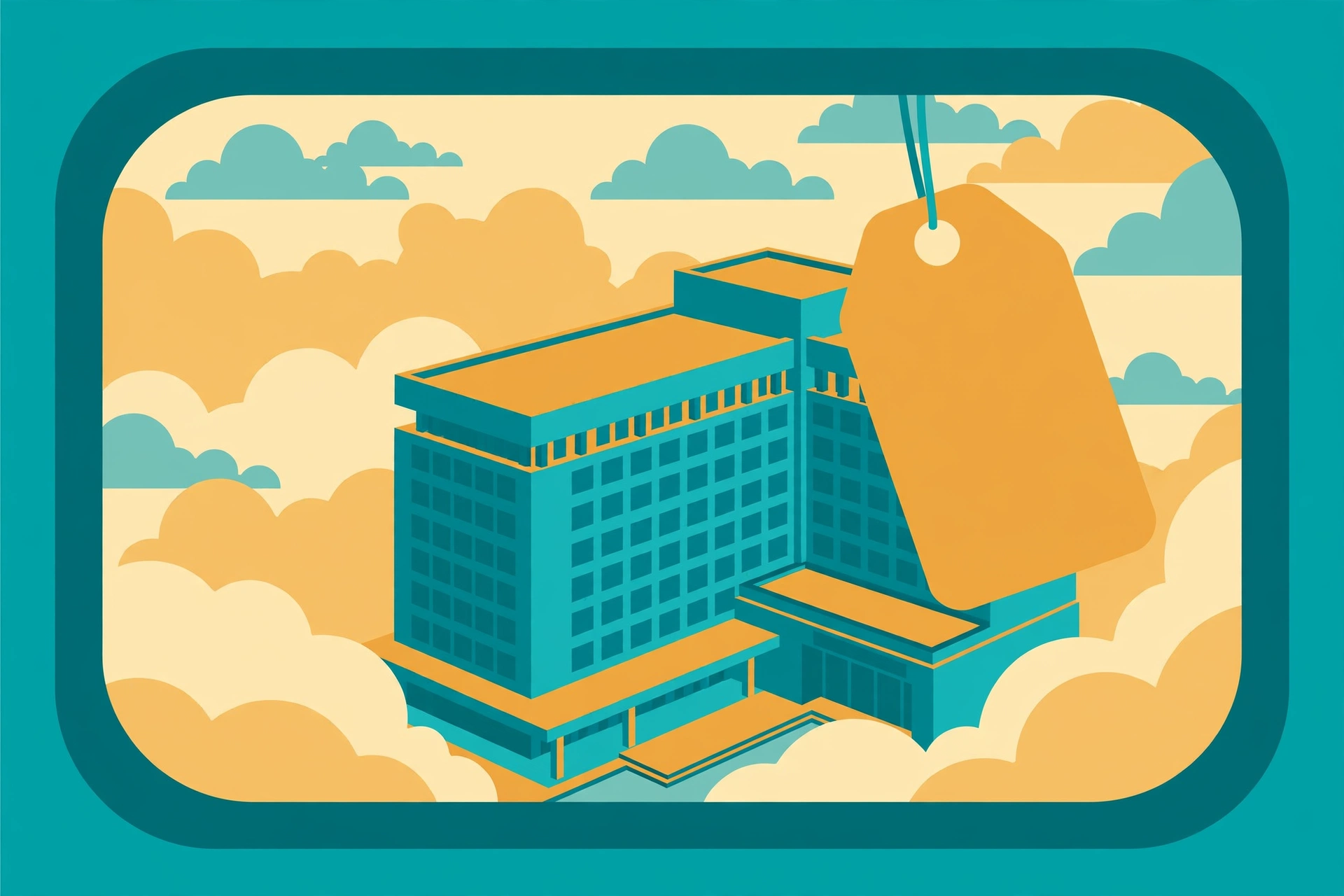 Hotel building with a discount tag and airplane window view, bundled flight and hotel travel deals