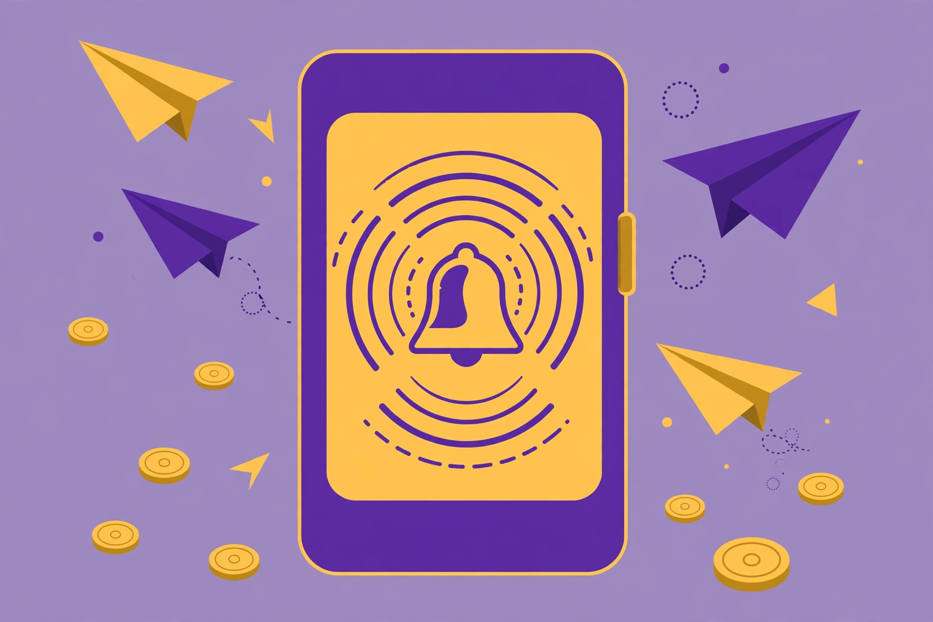 Smartphone with price alert notification bell and paper airplanes, setting up travel deal price alerts