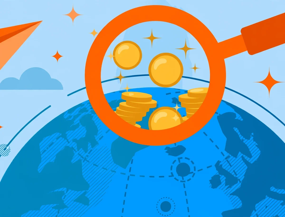 Paper airplane over a globe with a magnifying glass revealing coins, how to find travel deals and discounts