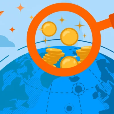 Paper airplane over a globe with a magnifying glass revealing coins, how to find travel deals and discounts