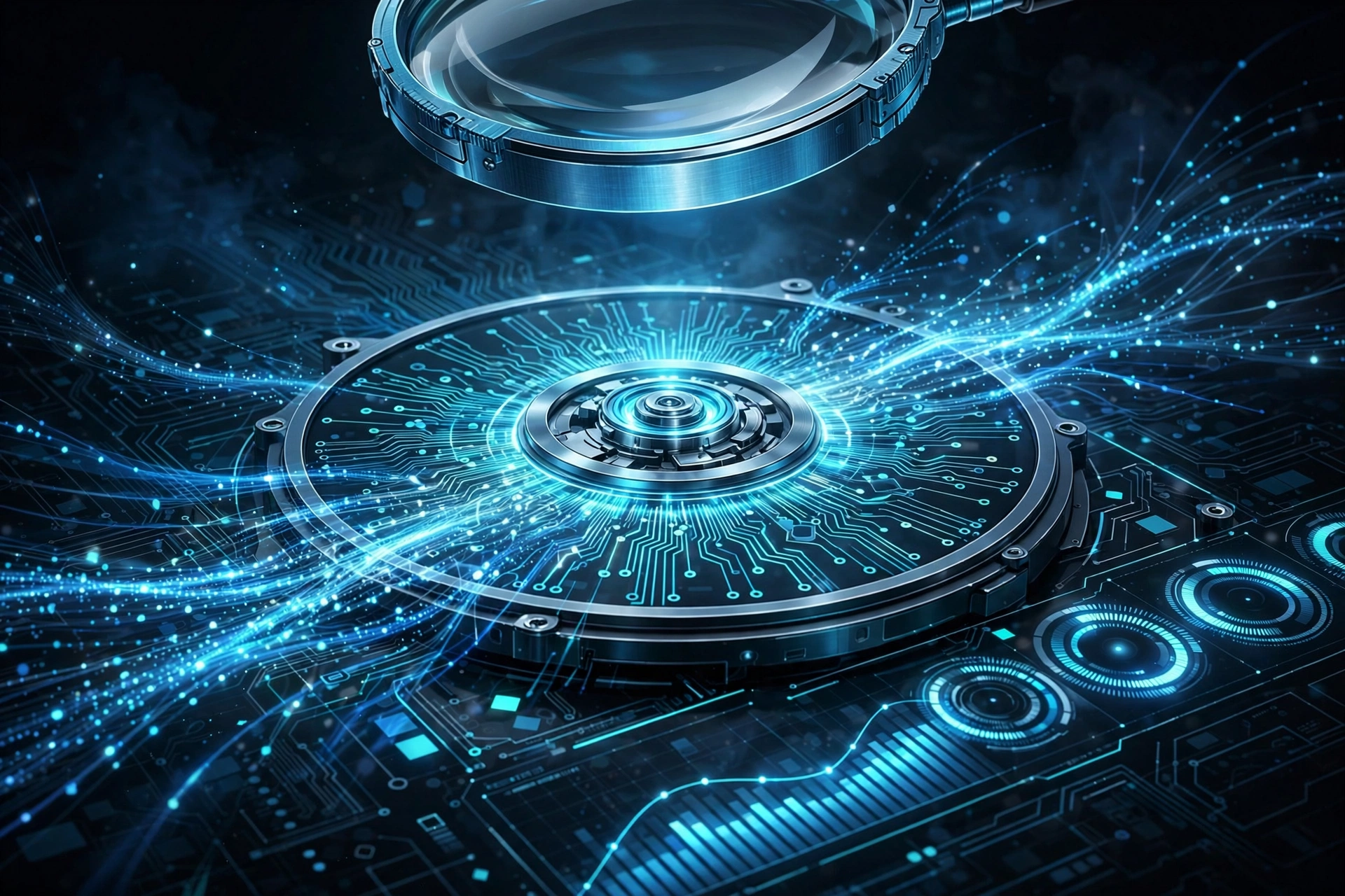 Magnifying glass diagnosing high disk usage on a hard drive in Windows 11