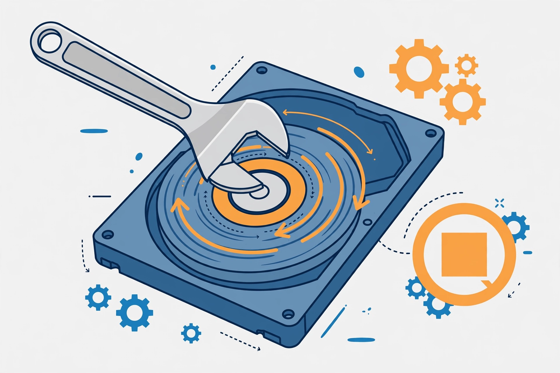 Wrench fixing a hard disk drive, symbolizing how to disable services causing 100 percent disk usage