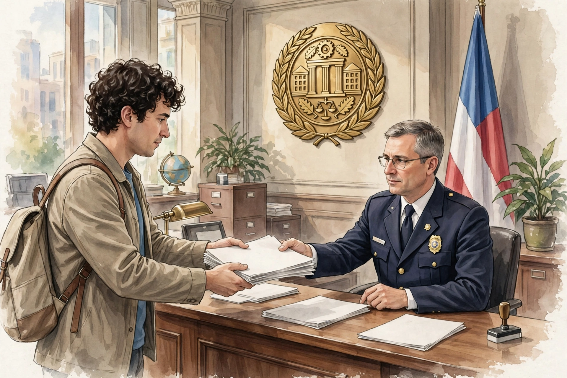 Filing business documents at a municipal licensing counter, business permit application concept