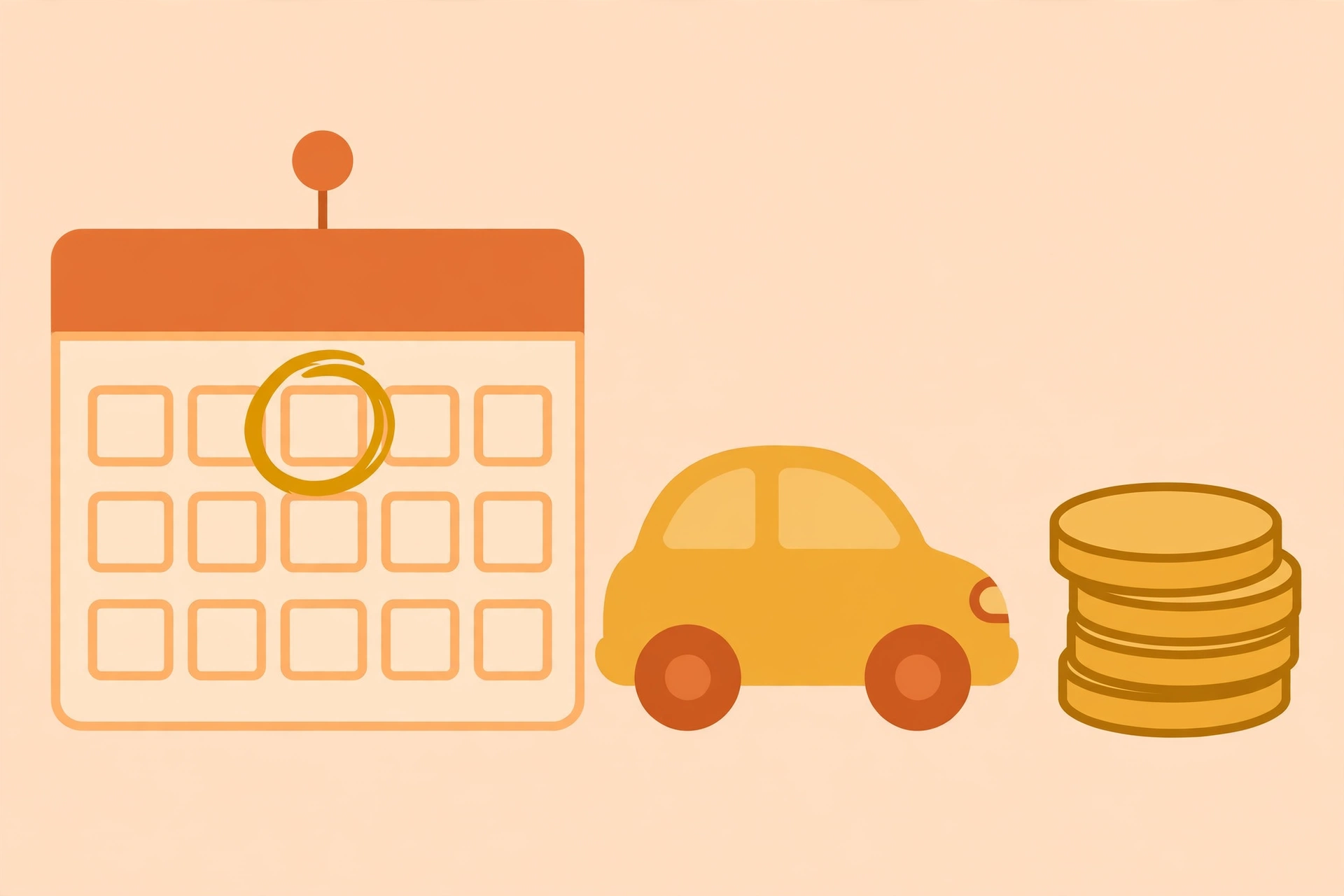 Calendar with circled date and coins beside a rental car, booking rental cars early to save money