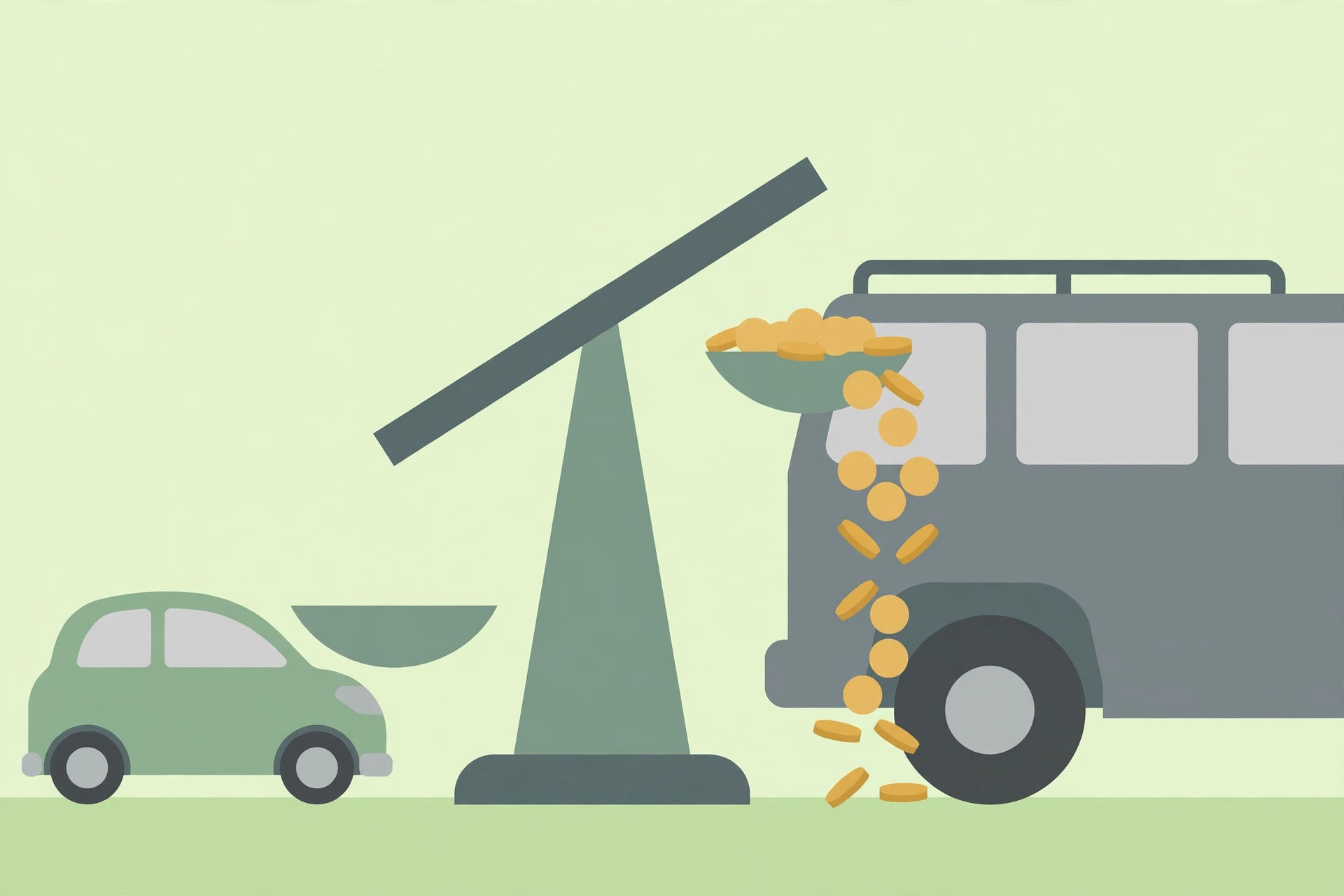 Balance scale tipping toward a small economy car over an SUV with coins, choosing cheaper car rental classes
