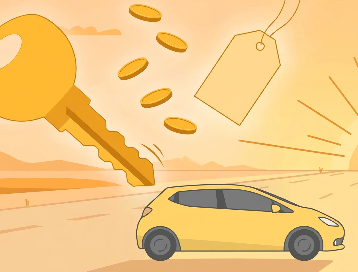Car key and rental car on a highway at sunrise with coins, tips for getting cheap rental cars