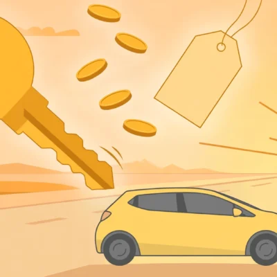 Car key and rental car on a highway at sunrise with coins, tips for getting cheap rental cars