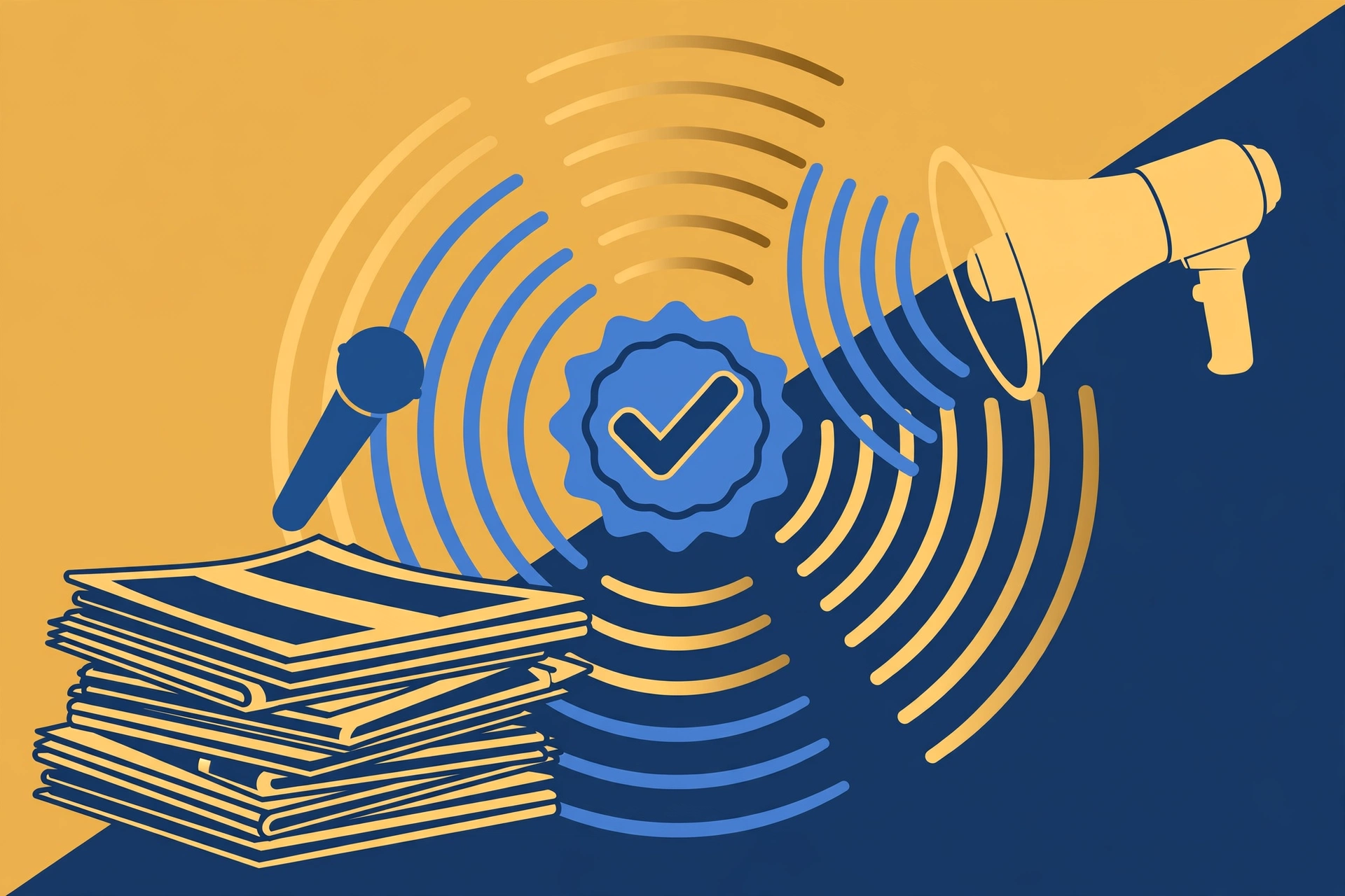 Press coverage and media recognition concept with newspapers and microphone illustration
