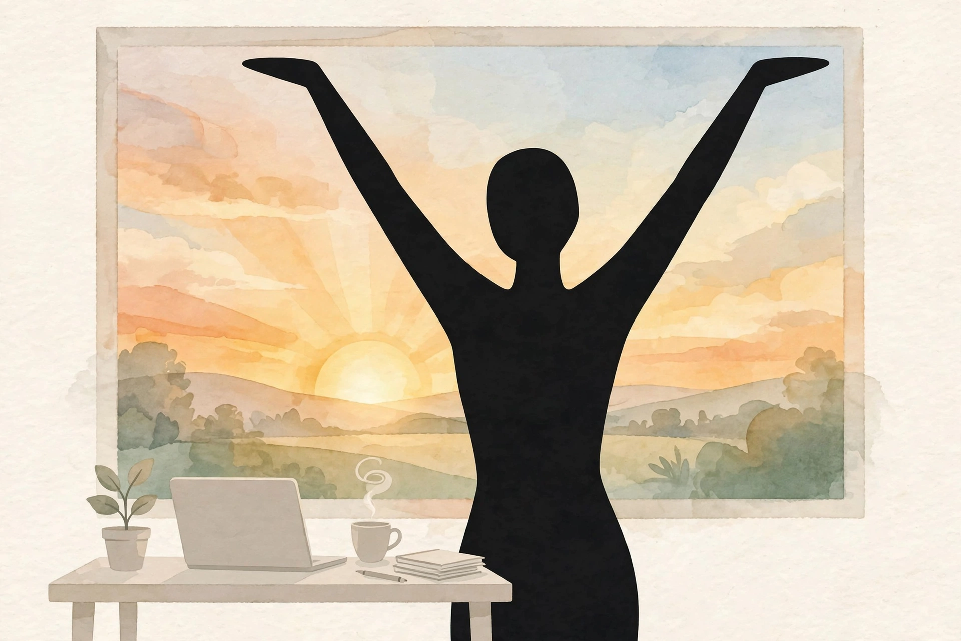 Featureless silhouette stretching with arms raised at sunrise during a desk work break