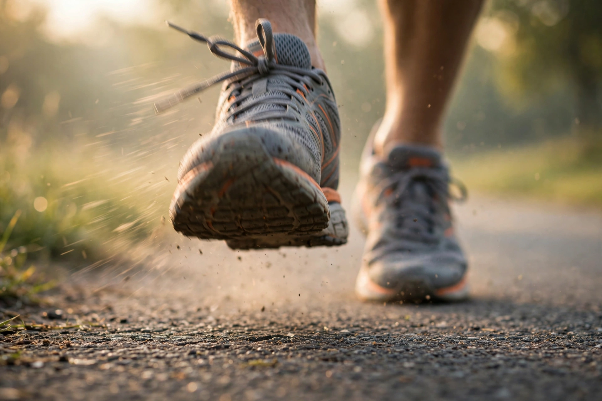 Close-up of running shoes mid-stride on an asphalt path in morning light