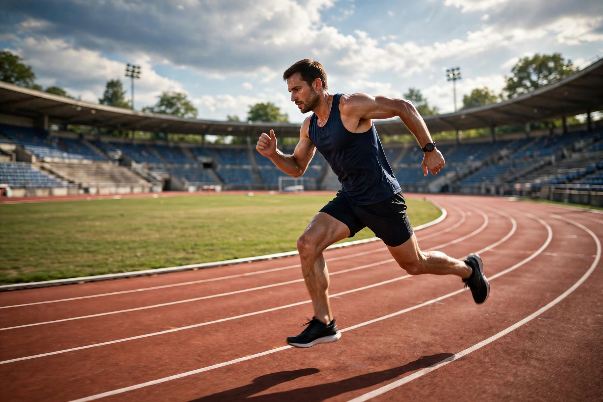 Runner doing interval training on an outdoor athletics track