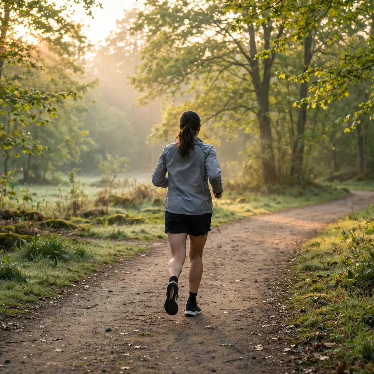 Beginner runner jogging at easy pace on a sunrise park trail, building running stamina