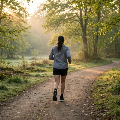 Beginner runner jogging at easy pace on a sunrise park trail, building running stamina