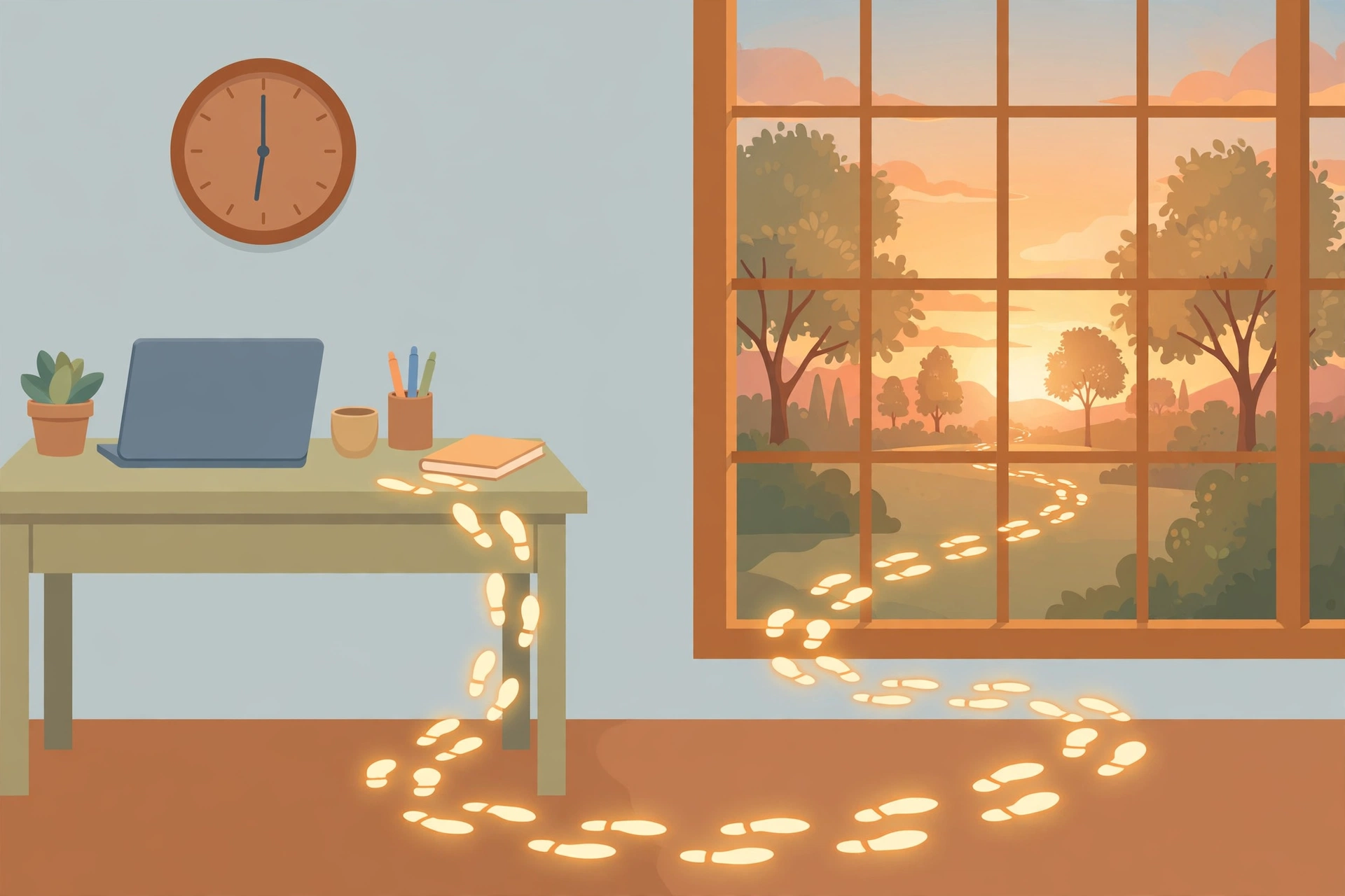 Closed laptop and evening clock with path to sunset window symbolizing a workday shutdown ritual
