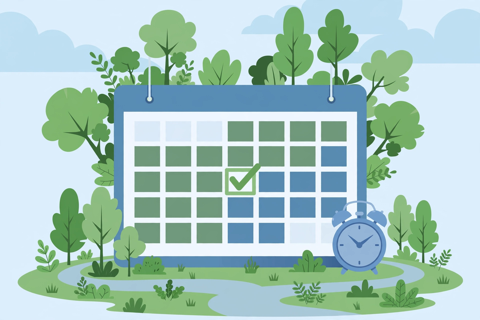 Wall calendar with protected personal time and green park symbolizing scheduled work life balance