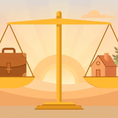 Balanced scale with briefcase and house symbolizing how to improve work life balance