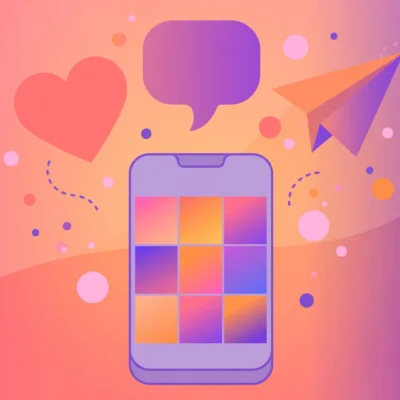 Smartphone with photo grid and floating hearts and share icons, how to increase Instagram engagement 2026 art