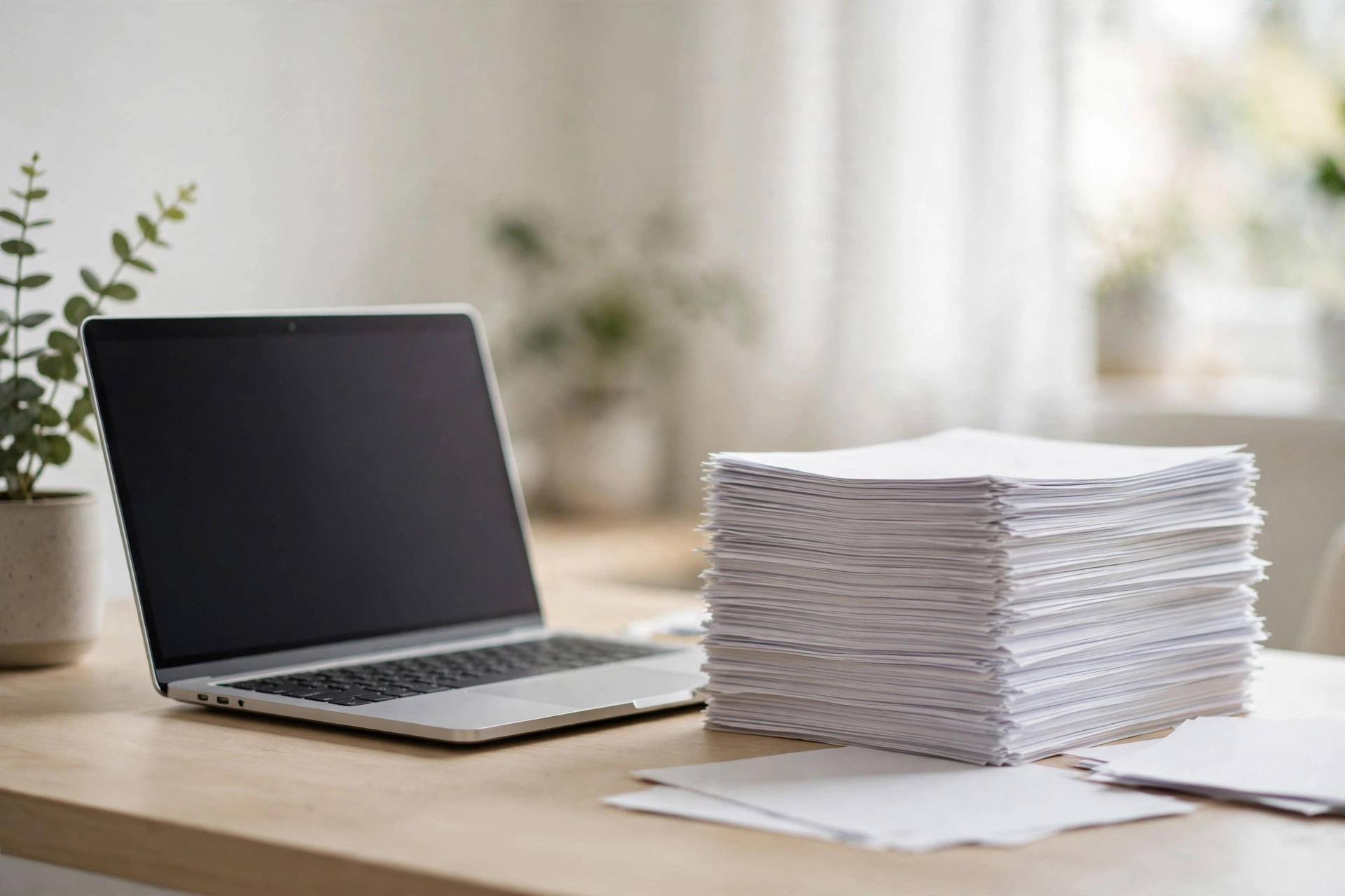 Laptop with stacked document pages illustrating free online PDF merge tools