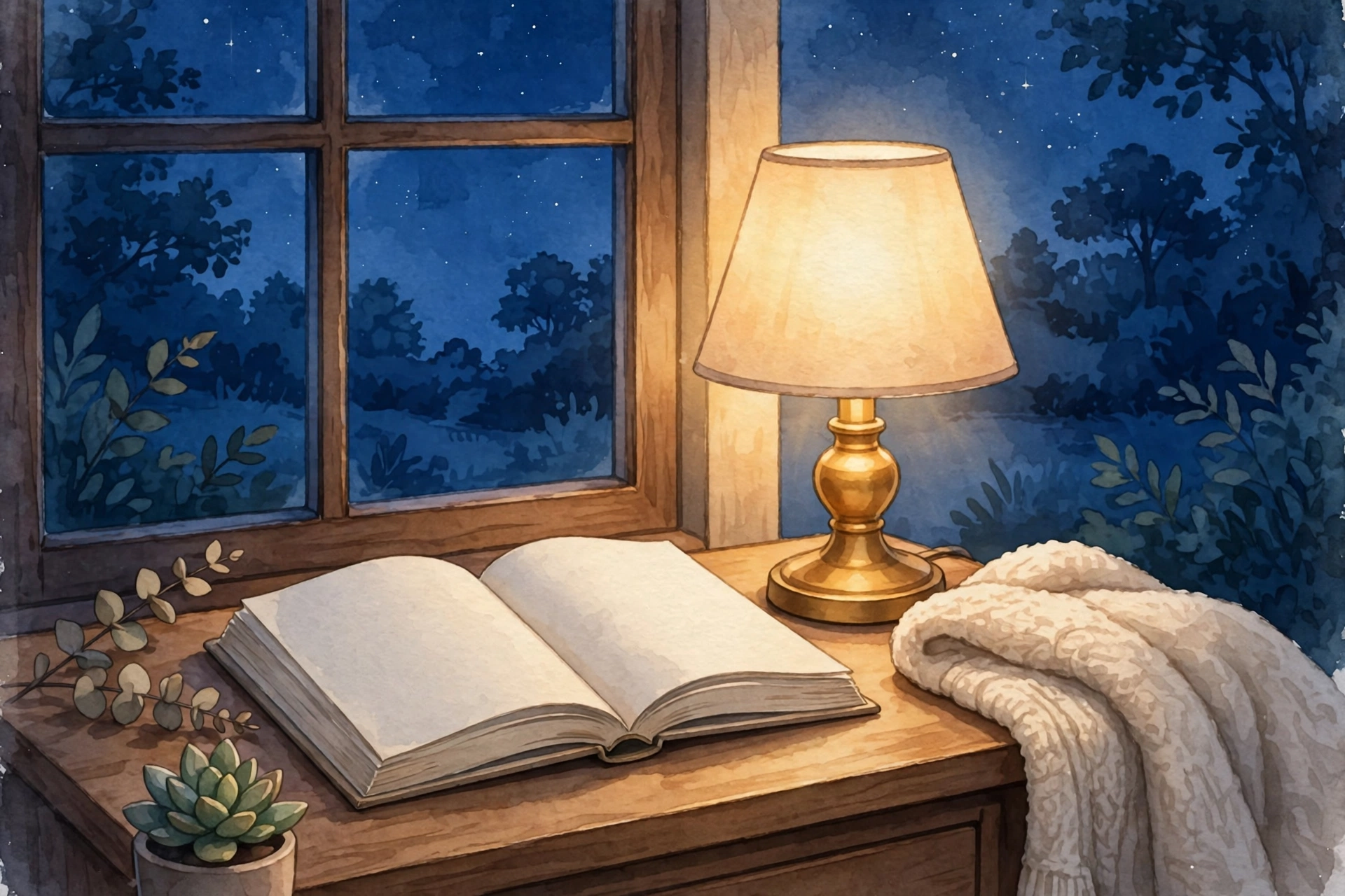 Open book beside a warm glowing bedside lamp as a calming pre-sleep screen alternative