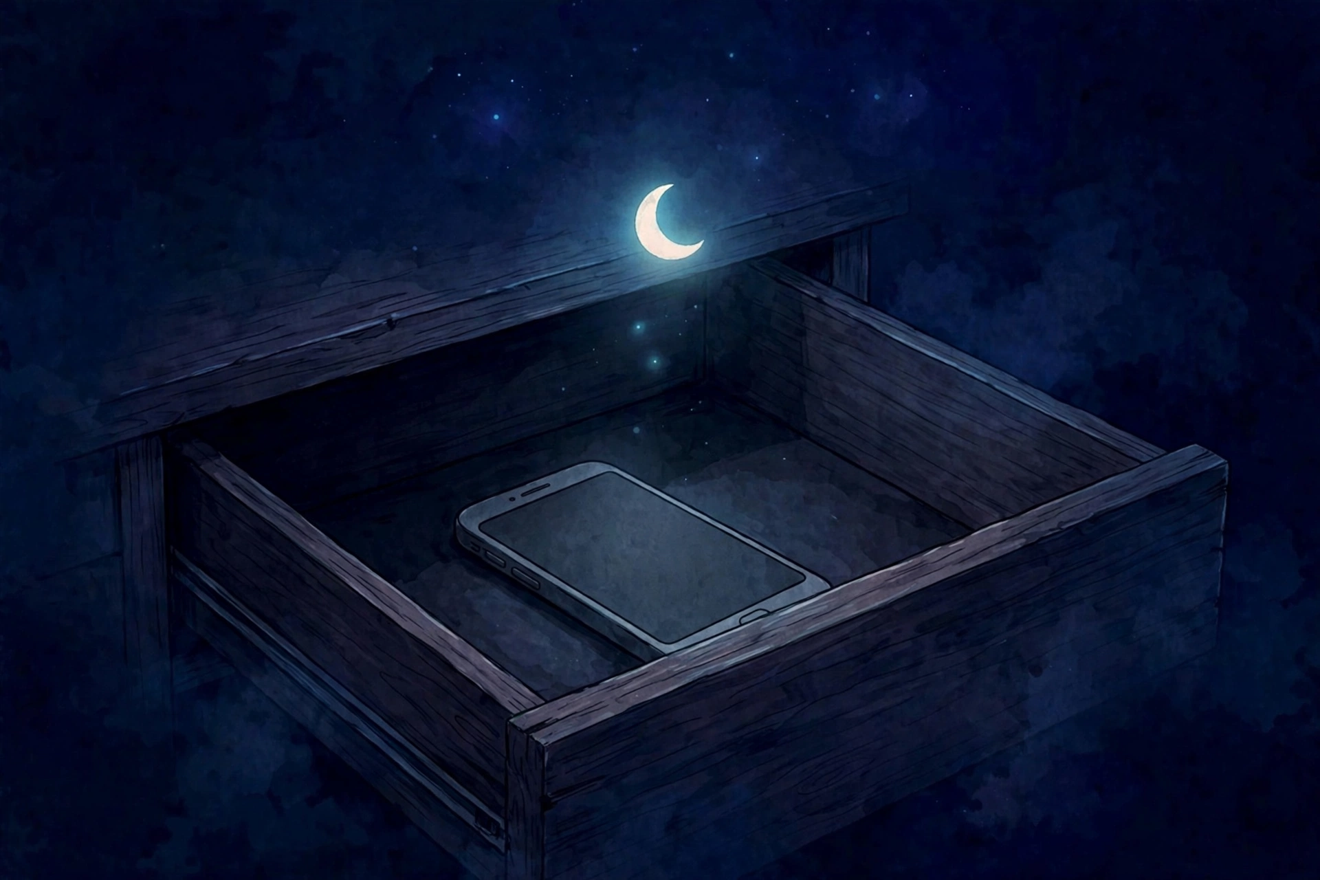 Smartphone tucked in a drawer with a crescent moon above symbolizing a digital curfew