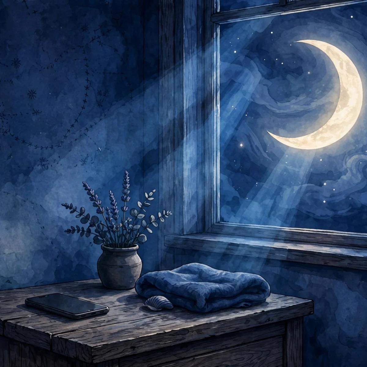 Phone lying face down on nightstand beside a crescent moon glowing through a window