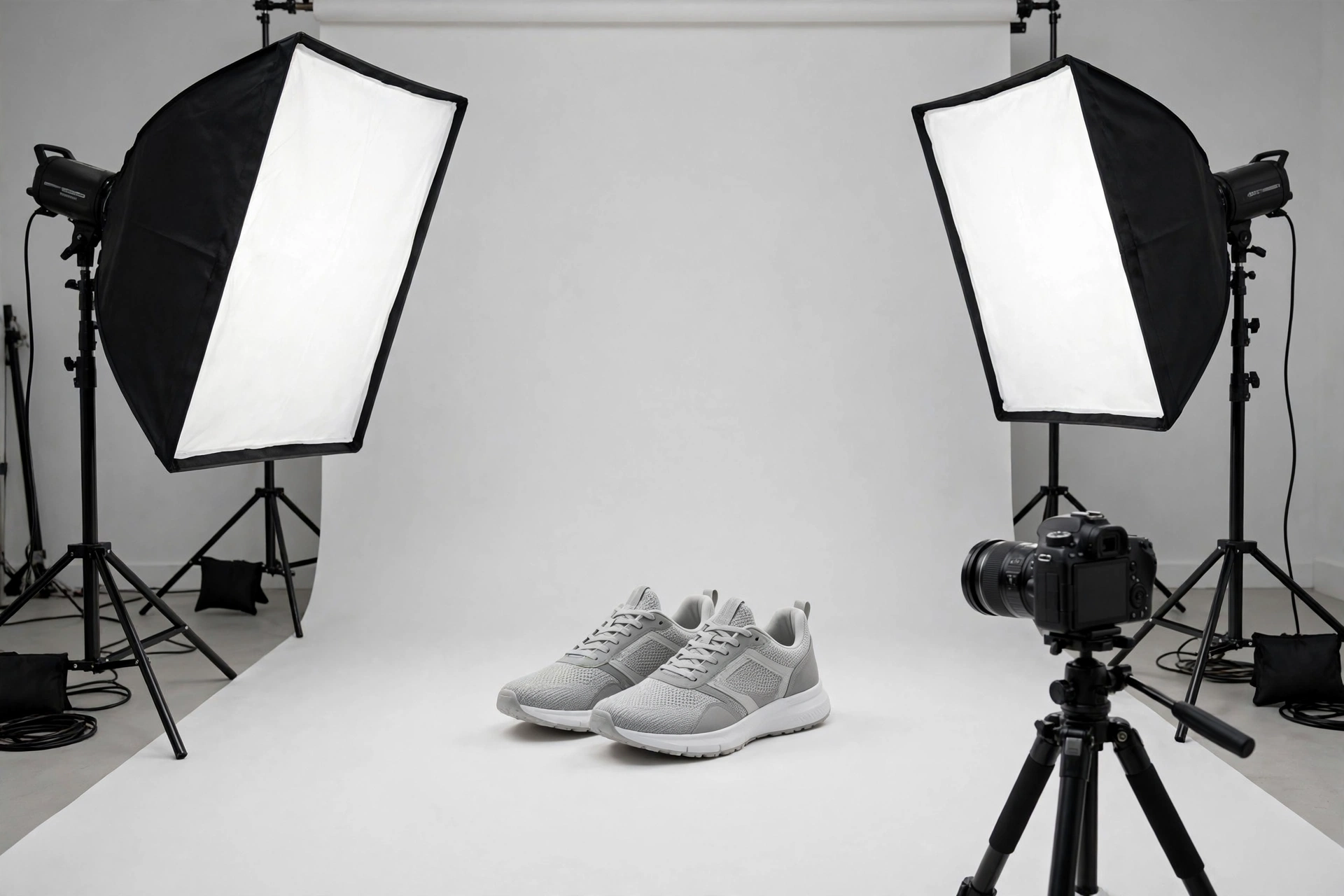Product photography setup with sneakers on white background for free background removal