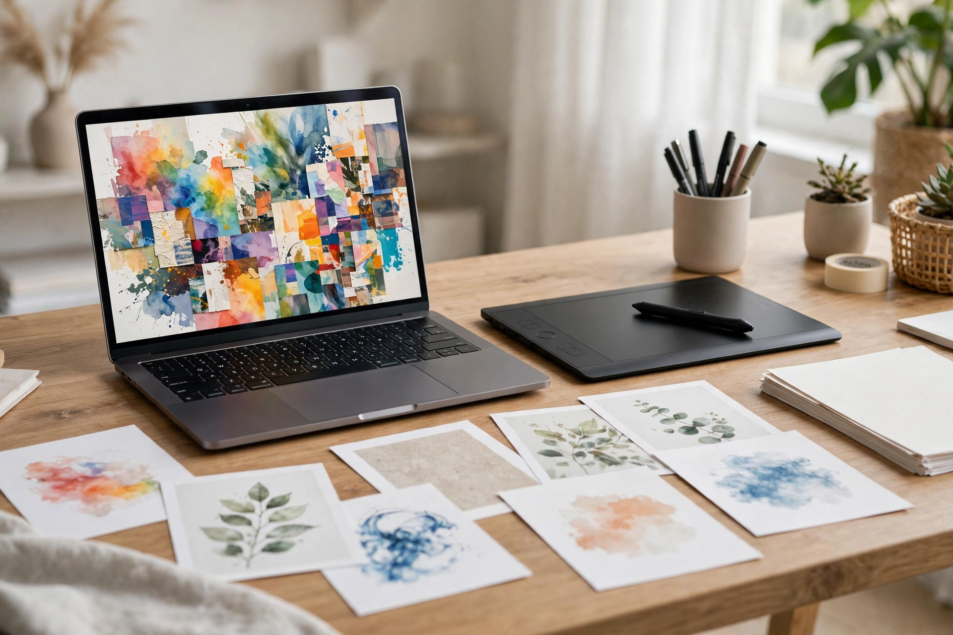 Designer workspace with laptop and graphics tablet for free background removal editing
