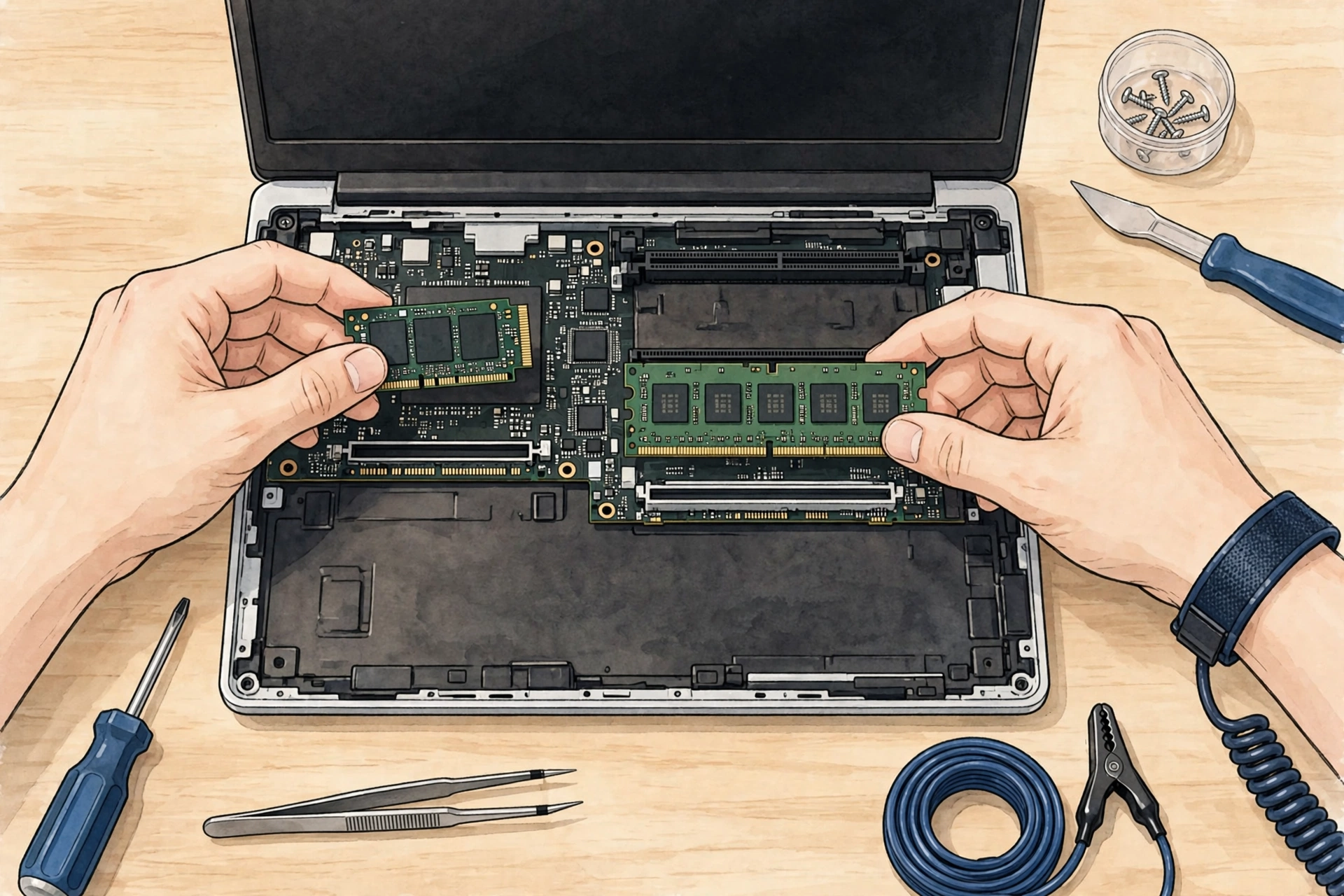 Technician upgrading a laptop with an SSD and extra RAM to boost Windows 11 performance