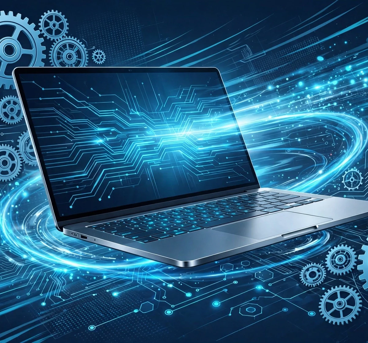 Windows 11 speed optimization concept with a fast laptop, gears, and performance gauges