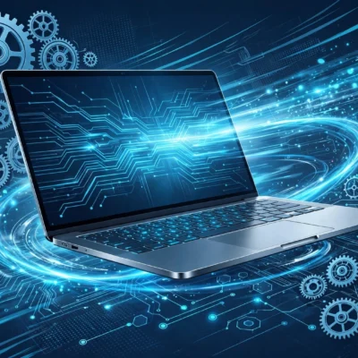 Windows 11 speed optimization concept with a fast laptop, gears, and performance gauges
