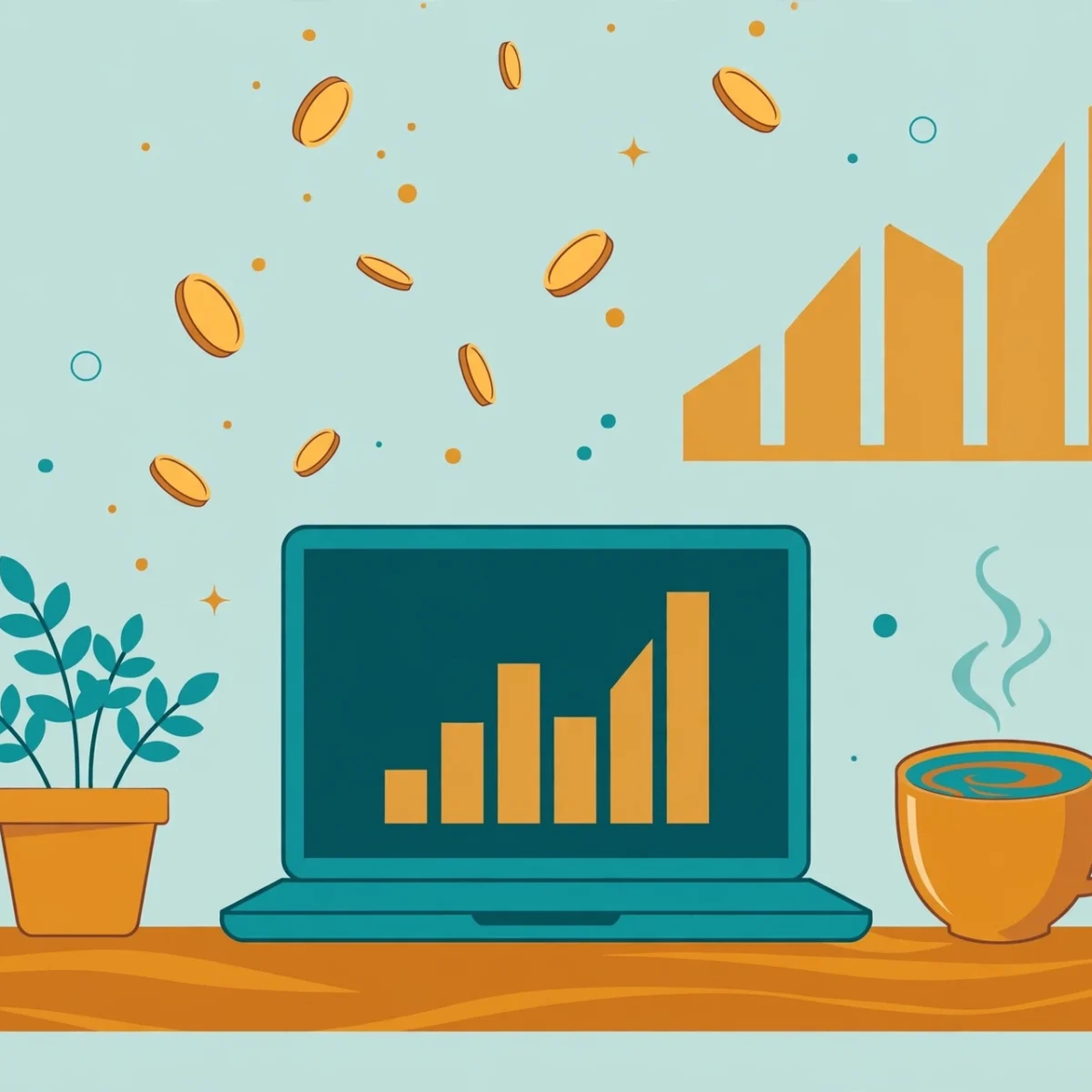 Flat illustration of a laptop with rising charts and floating coins showing how to start a blog and make money in 2026