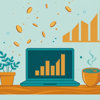 Flat illustration of a laptop with rising charts and floating coins showing how to start a blog and make money in 2026
