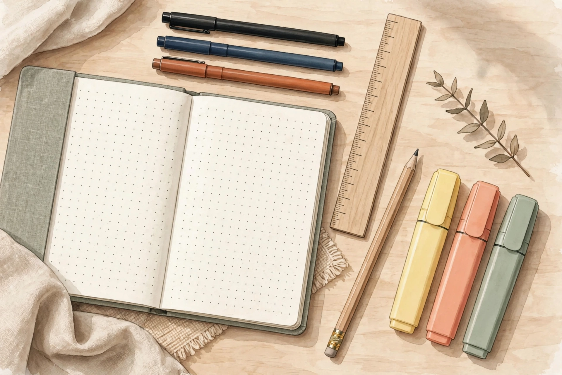 Essential bullet journal supplies for beginners laid out on a desk: dotted notebook, pens, and ruler