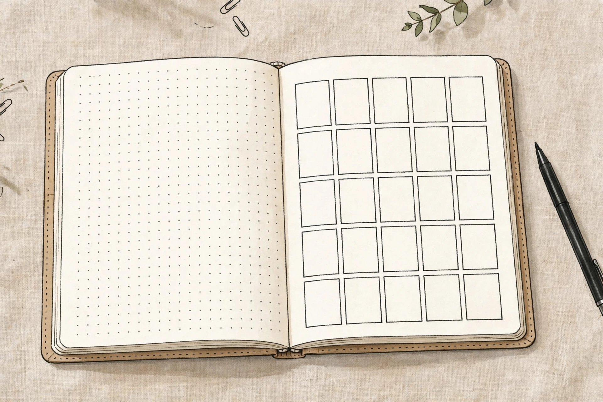 Open bullet journal showing a simple monthly log spread setup for beginners