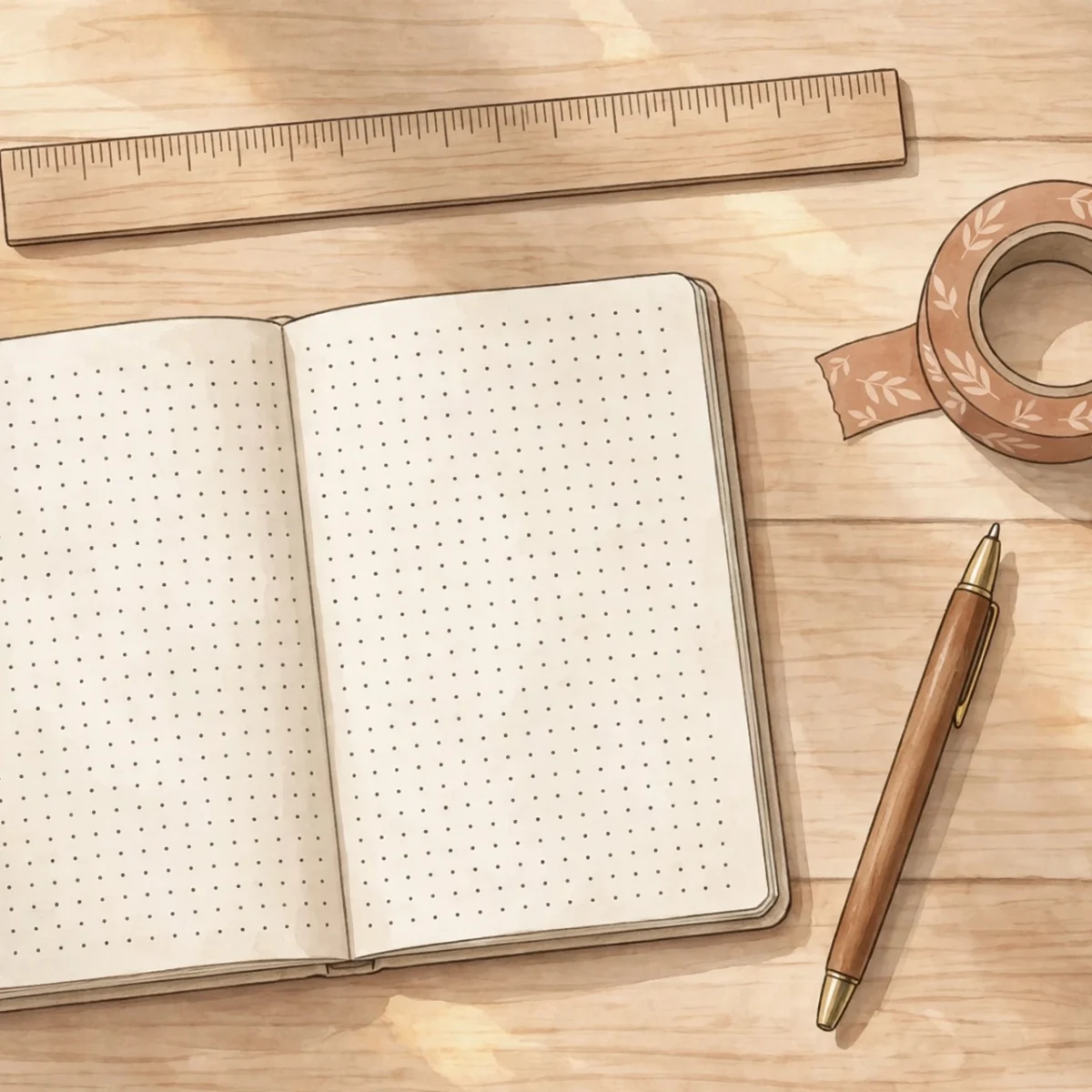 Flat-lay of a dotted notebook, pen, and journaling supplies for starting a bullet journal for beginners
