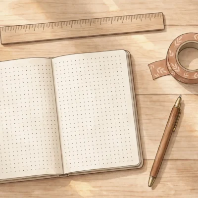 Flat-lay of a dotted notebook, pen, and journaling supplies for starting a bullet journal for beginners