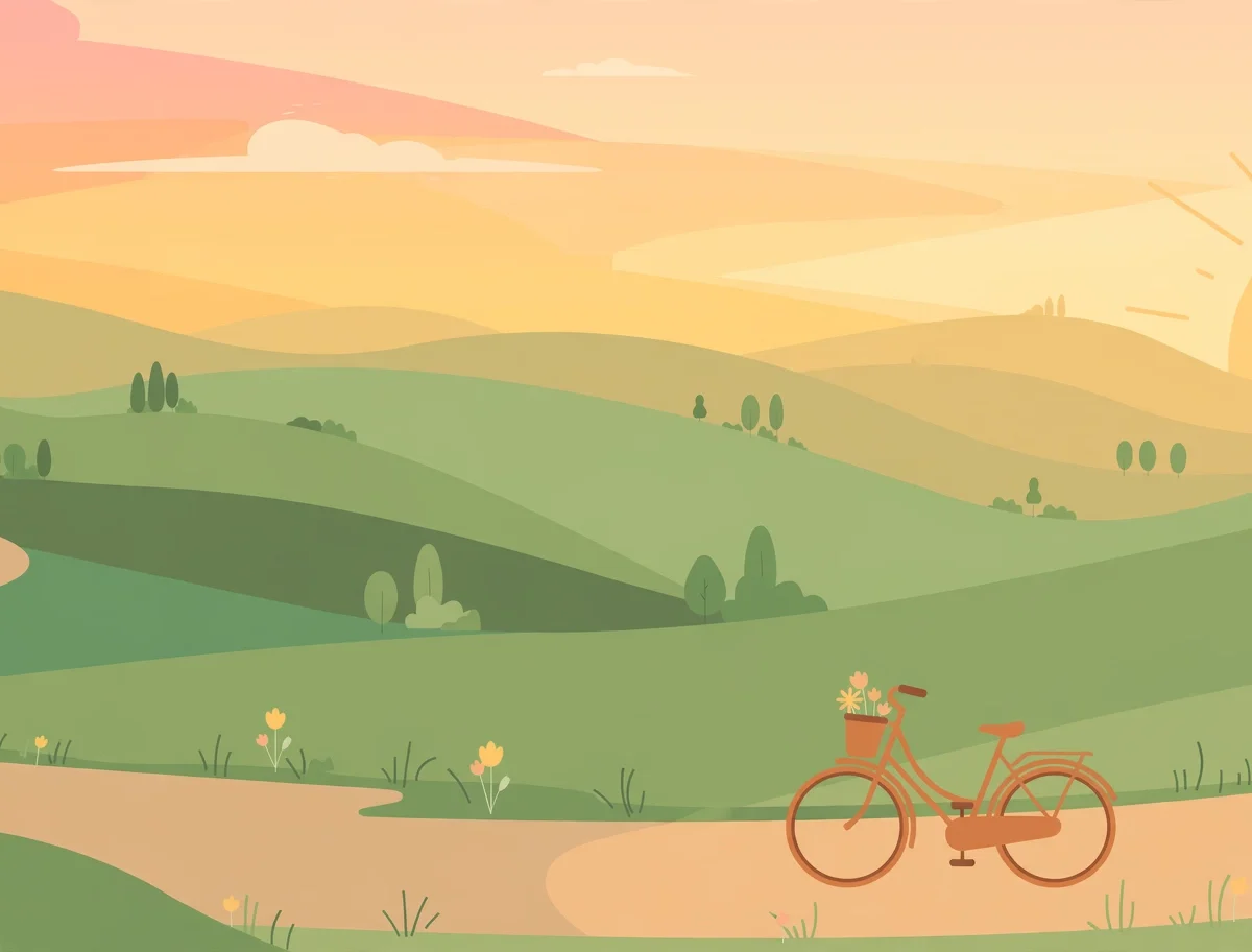 Bicycle on a winding country road at sunrise, a beginner-friendly fitness cycling scene