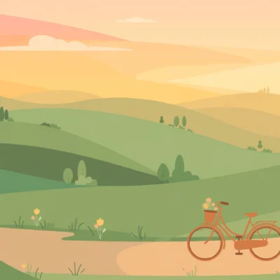 Bicycle on a winding country road at sunrise, a beginner-friendly fitness cycling scene