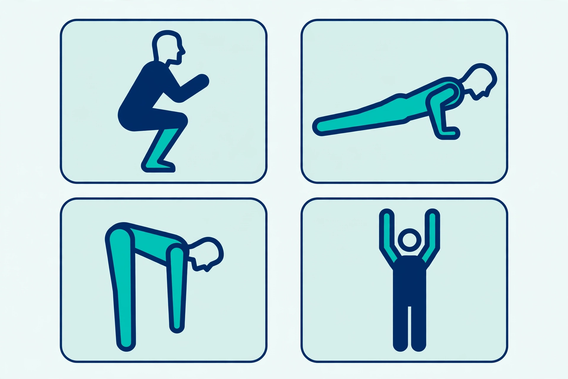 Beginner strength training exercise icons showing squat, push-up, hip hinge and overhead press movements