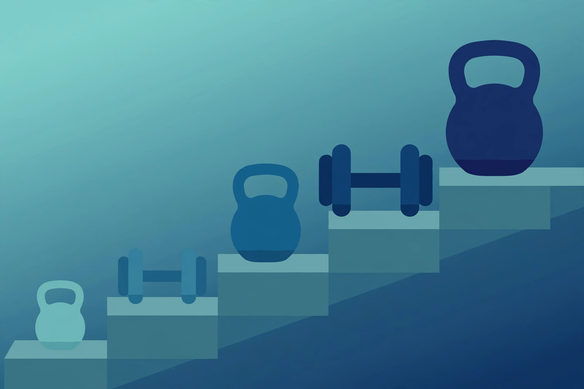 Progressive overload for beginner strength training shown as heavier kettlebells and dumbbells on ascending steps