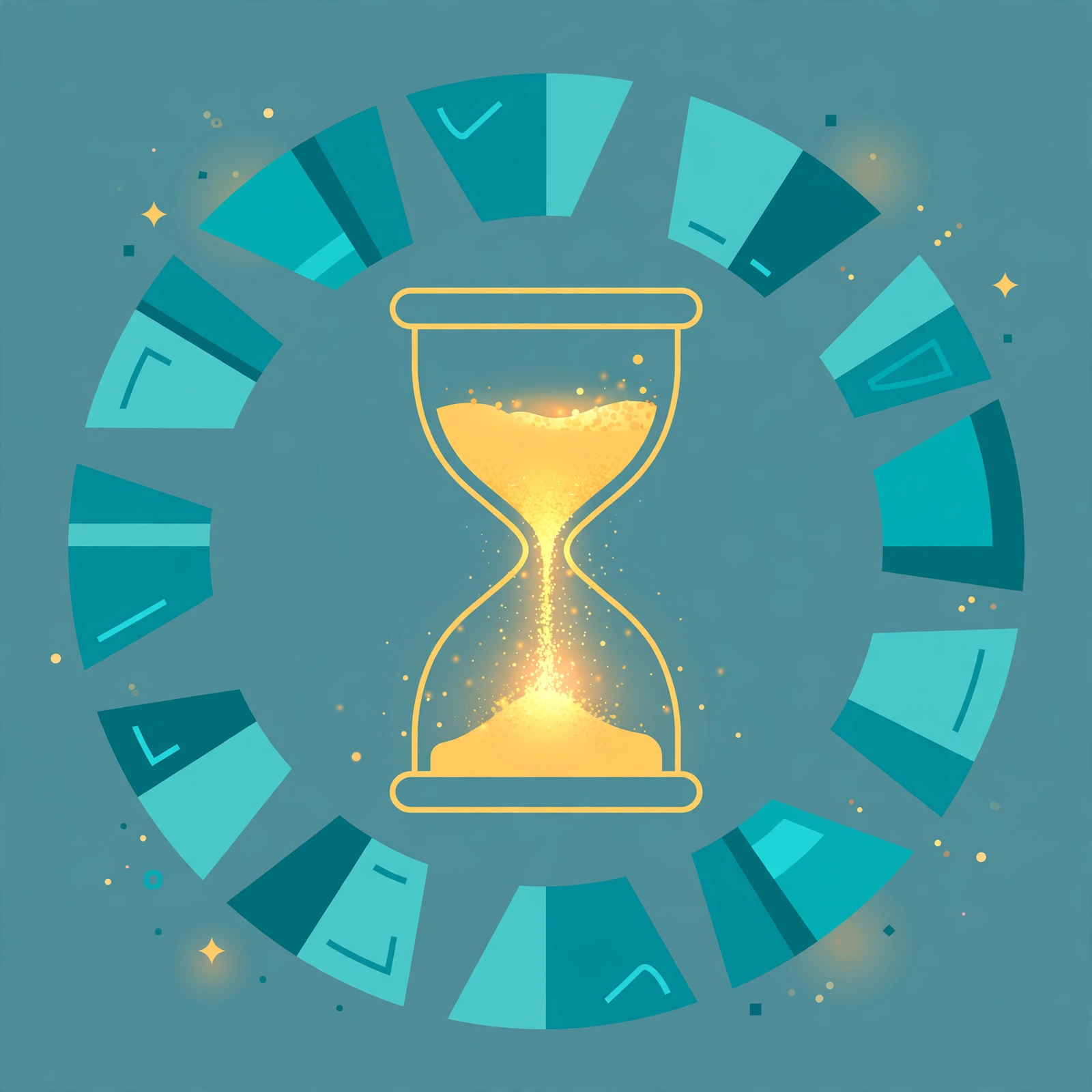 Hourglass with glowing sand and clock segments illustrating the Pomodoro study technique for motivation